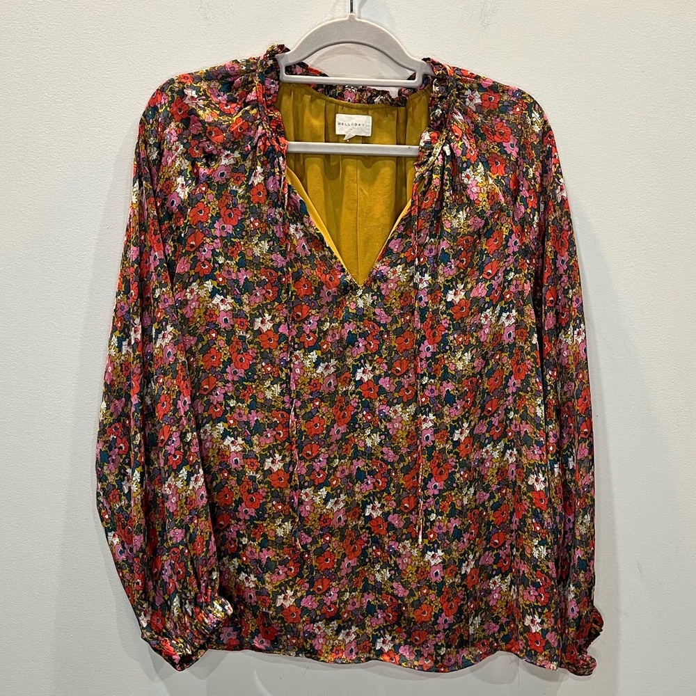 Melloday Retro Floral Peasant Blouse Women's Sz Large Blouson Boho Cottagecore